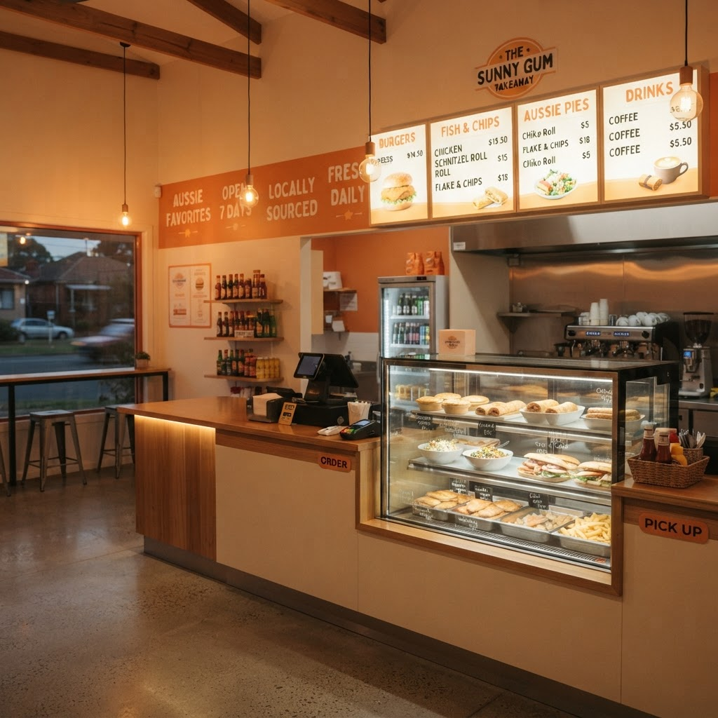 Interior of Orana Takeaway shop counter in Kellyville with menu boards and fresh food display
