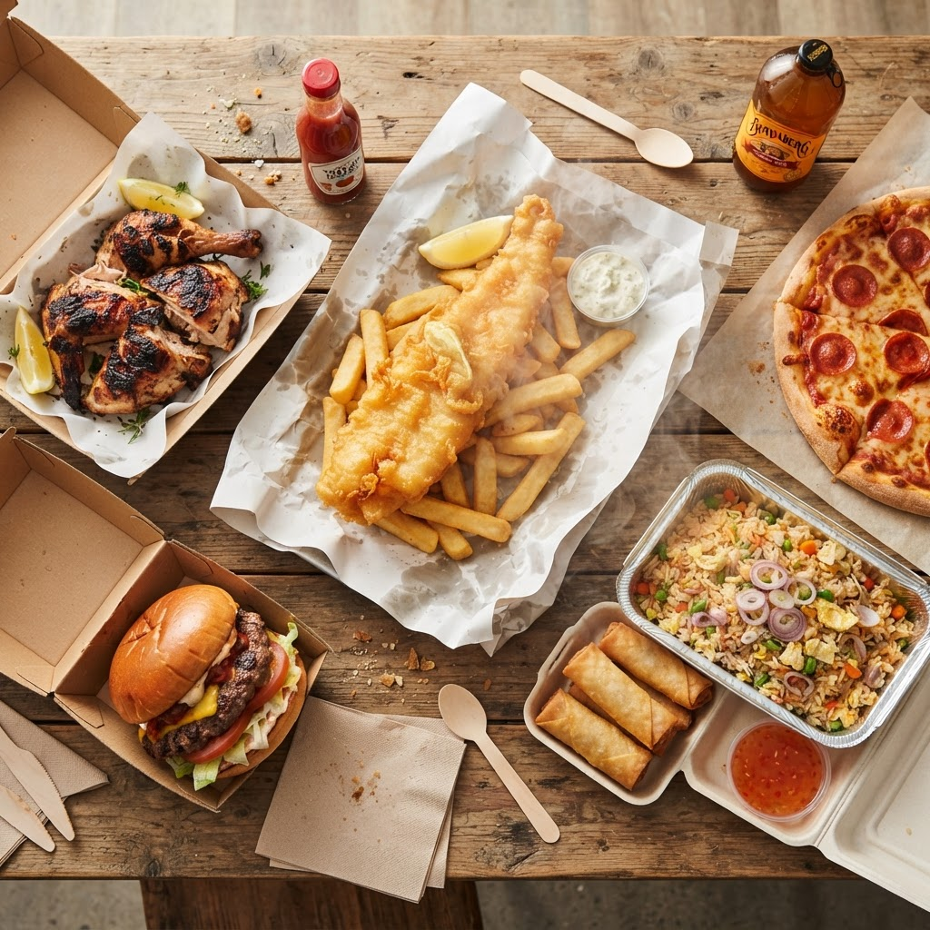 A spread of Orana Takeaway food including fish and chips, charcoal chicken, burgers, pizza and spring rolls