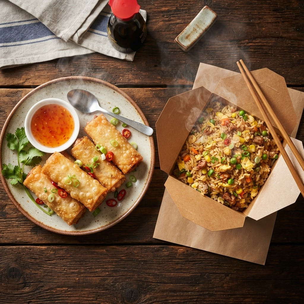 Crispy golden spring rolls and egg fried rice in a takeaway container