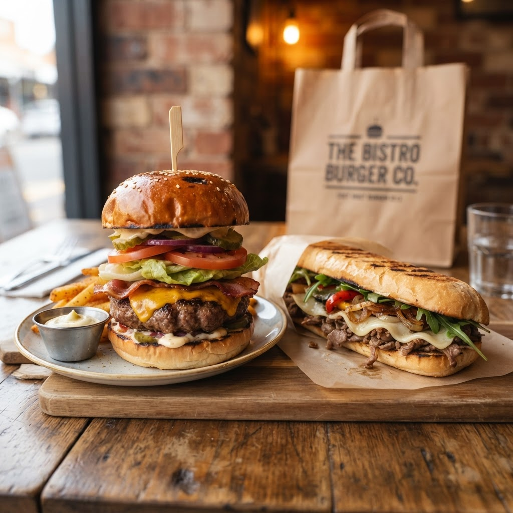 Tall gourmet beef burger with cheese, lettuce and tomato