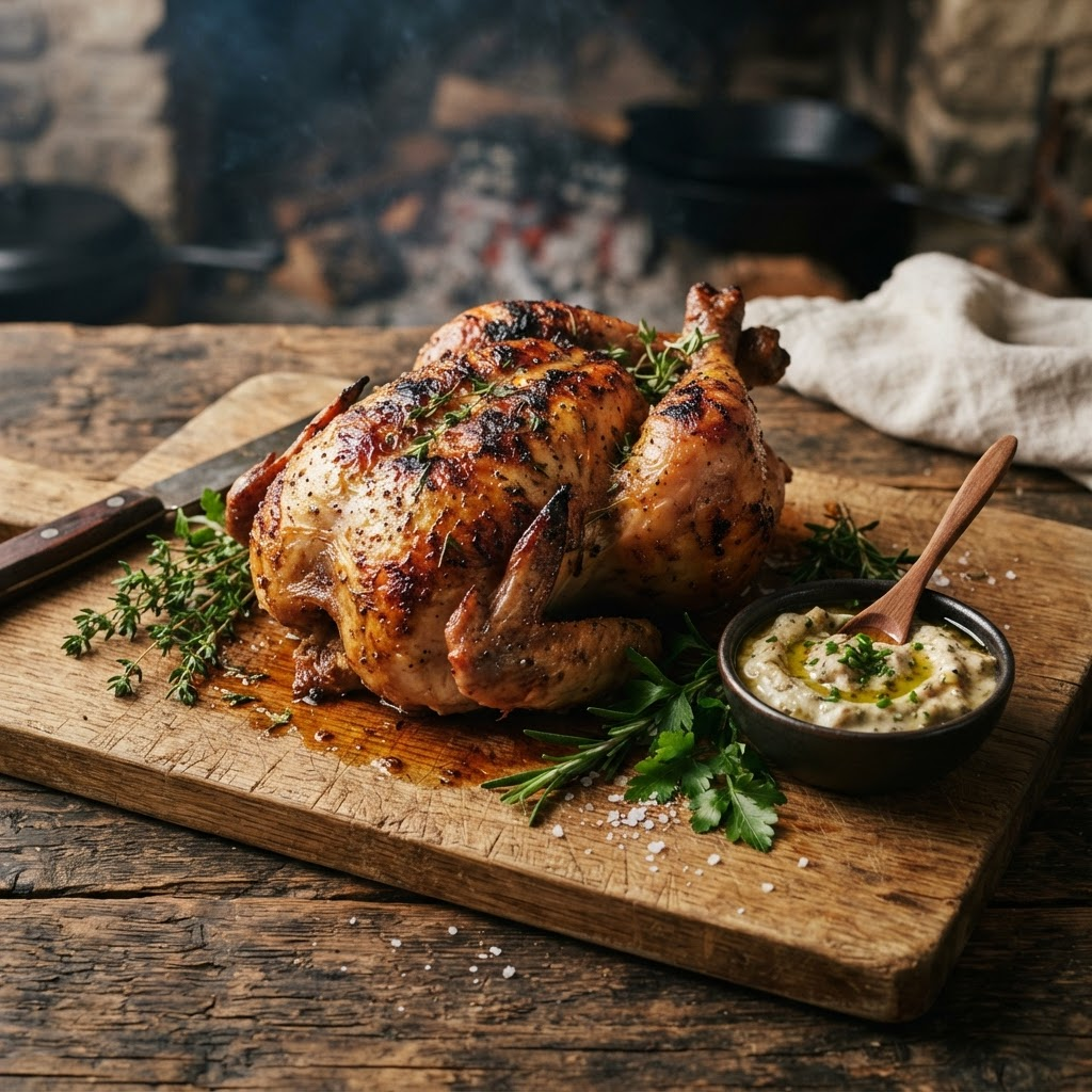 Whole charcoal-roasted chicken with crispy golden-brown skin