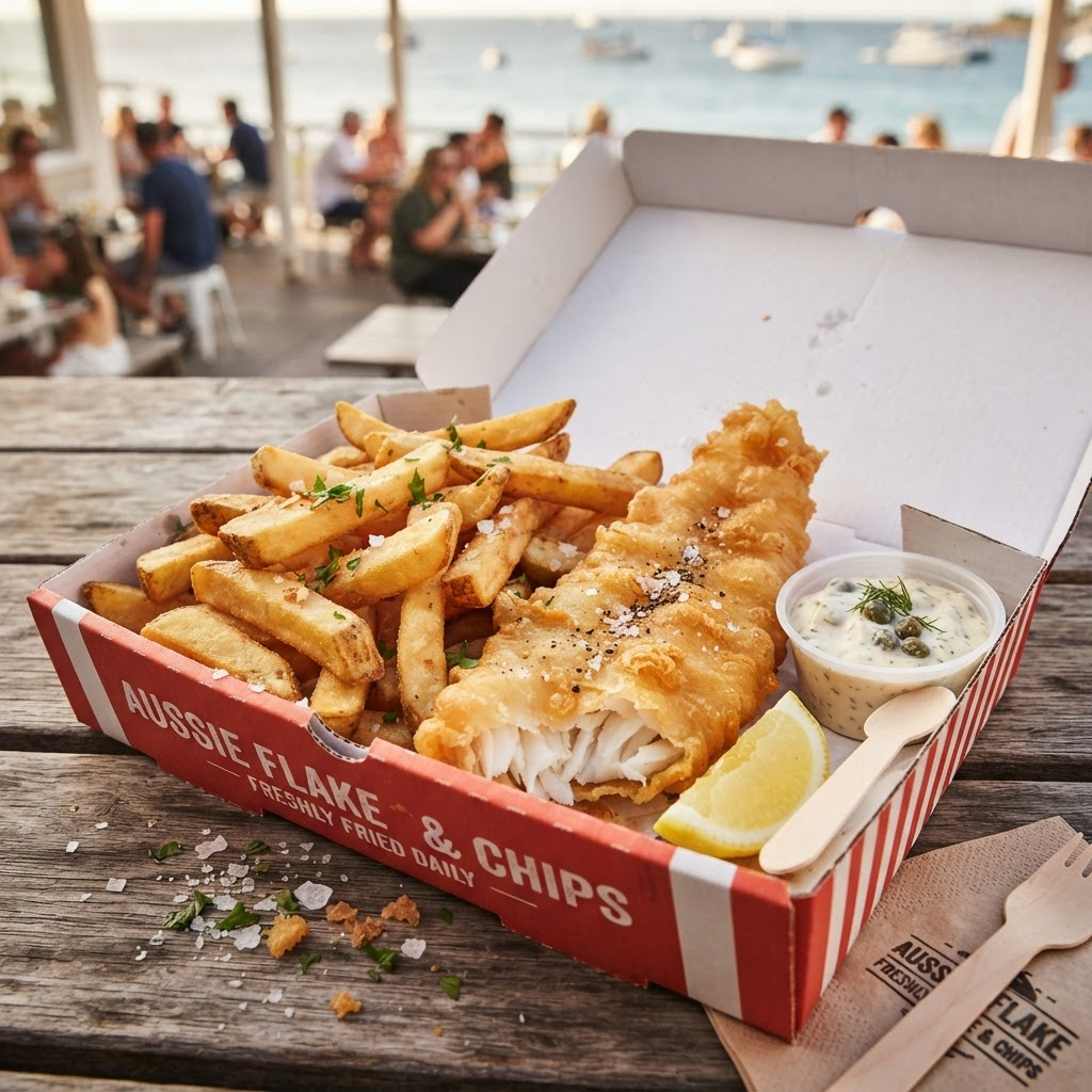 Golden battered fish and thick-cut chips in a takeaway box