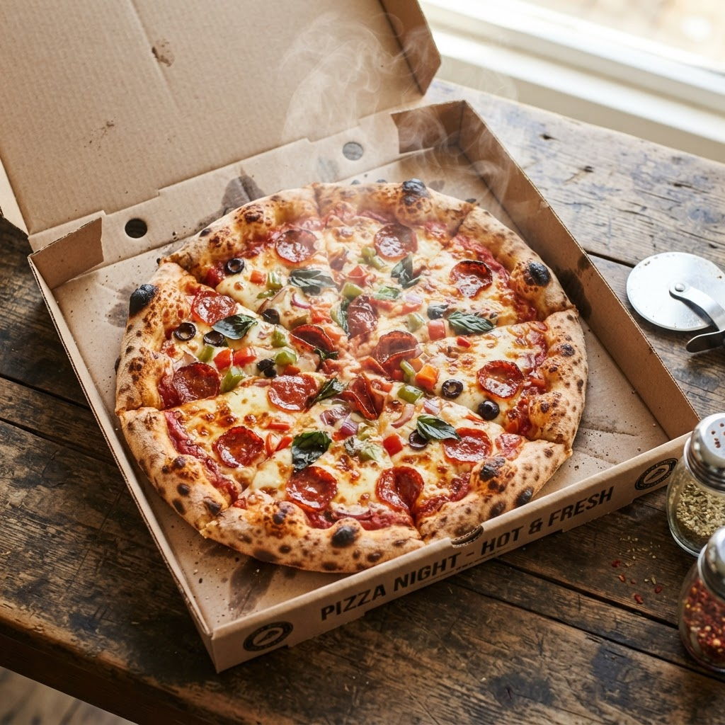 Freshly baked pizza with melted cheese and toppings in a cardboard box